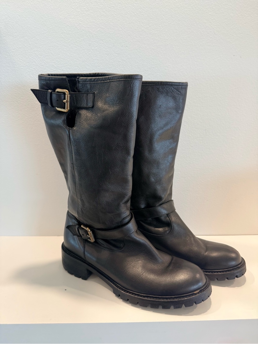 Fendi Black Leather Moto Mid-Calf Boots - Women's